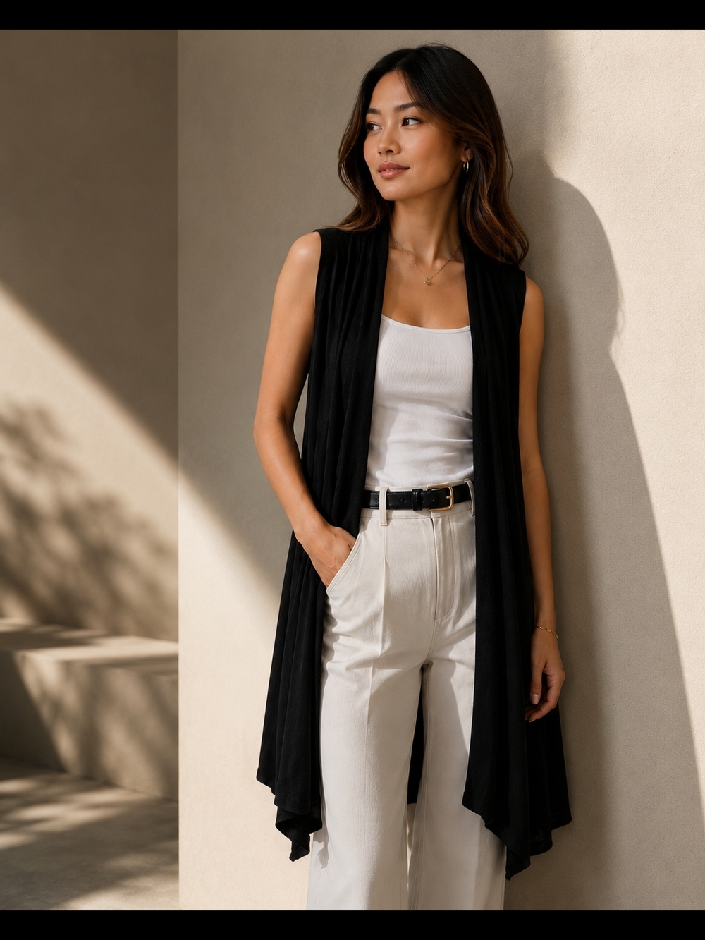 INC International Concepts Black Sleeveless Draped Open-Front Vest